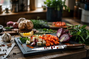Freshly chopped vegetables and ingredients prepared for cooking