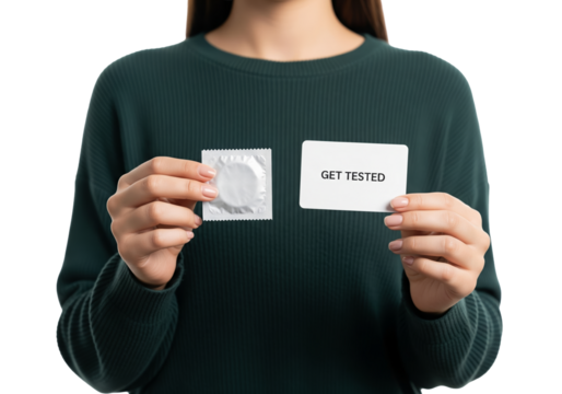 PNG cut out isolated background. A woman wearing a dark green sweater holds a sealed silver foil condom packet in one hand and a white card with the text "GET TESTED" in the other.