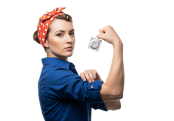 PNG cut out isolated background. A confident woman, dressed in a blue shirt with rolled-up sleeves and an orange polka-dot bandana in a "Rosie the Riveter" pose. 