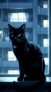 Anime Style Black Cat with Green Eyes on Window Ledge in Rainy Night Urban Scene