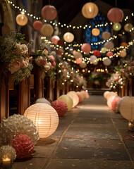 Wedding Aisle Decorated with Paper Lanterns and Floral Arrangements in a Church Interior