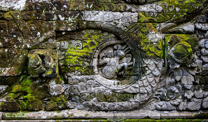 Old wall texture covered with green moss in Bali, Indonesia
