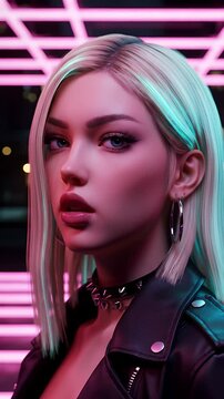 Anime Style Blonde Woman Neon Lit Portrait in Leather Jacket with a Spiked Choker