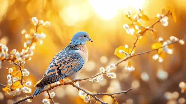 A European turtle dove perches on a branch with soft white blossoms in warm diffused golden light