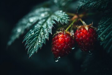 Fresh red raspberries hang on a dark green leaf after rain in a natural setting