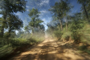 Fototapeta premium Dusty dirt road winding through dense green forest under a blue sky on a sunny day