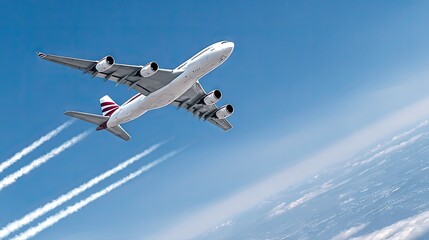 Fototapeta premium Colorful smoke trail from airplane soaring through a blue sky with fluffy clouds in the distance during a vibrant aerial display