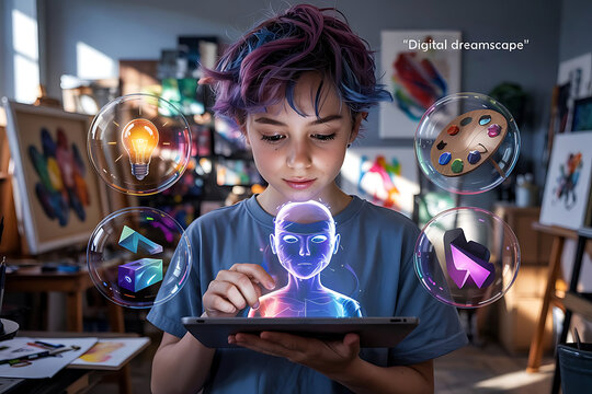 Young artist interacts with holographic digital elements in a creative studio