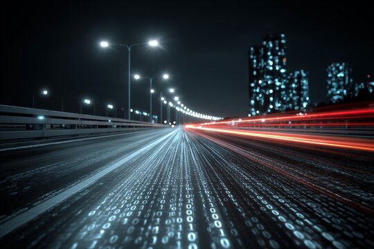 Dynamic cityscape at night with illuminated highways and binary code overlay creating a futuristic vibe