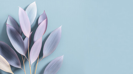 Fototapeta premium Soft pastel leaves with delicate texture clustered on left side against smooth light blue background, creating calm and minimalist natural wallpaper design