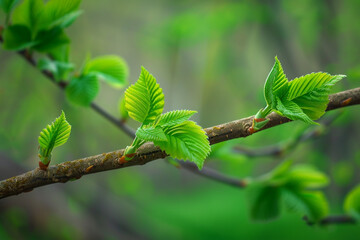 Fresh green leaves unfurling on a tree branch with a soft-focus background of more greenery