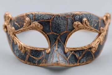 Decorative mask showcasing intricate design inspired by Venetian craftsmanship with a cracked texture and golden accents