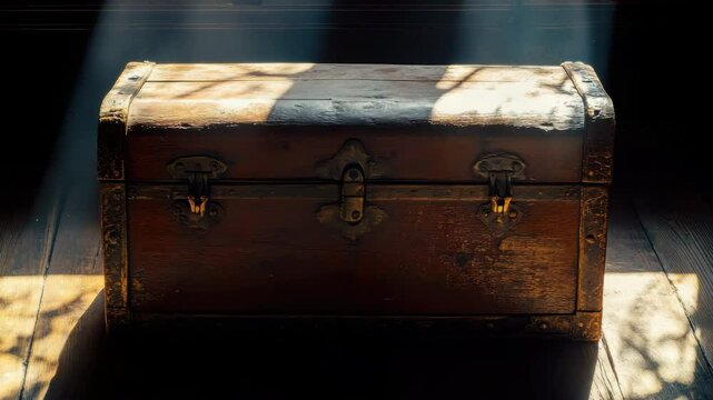 Vintage wooden chest with metal fittings sits on a hardwood floor illuminated by rays of sunlight in a dimly lit room