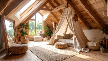 Fototapeta premium Attic Room Interior with Tent and Plants in Natural Light