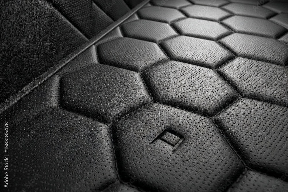 Poster close-up view of textured hexagonal pattern on sleek black automotive upholstery material