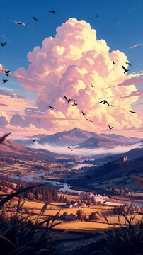 Anime Style Cloudscape over Rolling Hills with Village and Birds Flying on a Sunny Day Landscape