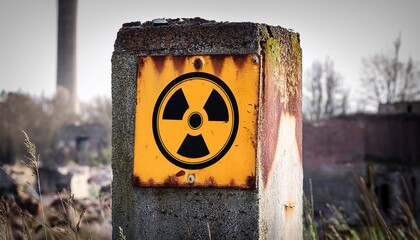 rusted radioactive warning sign attached to decaying concrete pillar symbolizing nuclear hazard within abandoned industrial site