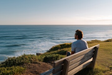 Young caucasian male relaxing on coastal clifftop bench at sunset