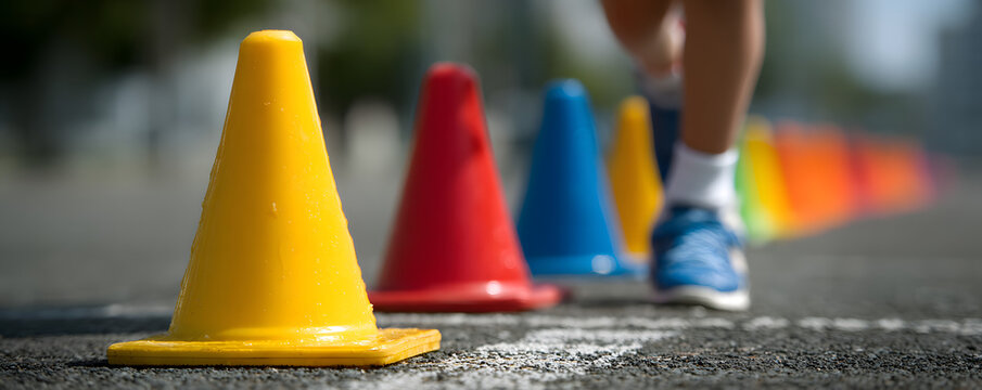 Child running agility course, colorful cones in focus. Represents childhood, growth, development, competition, and success. Ideal for education, sports, fitness themes.