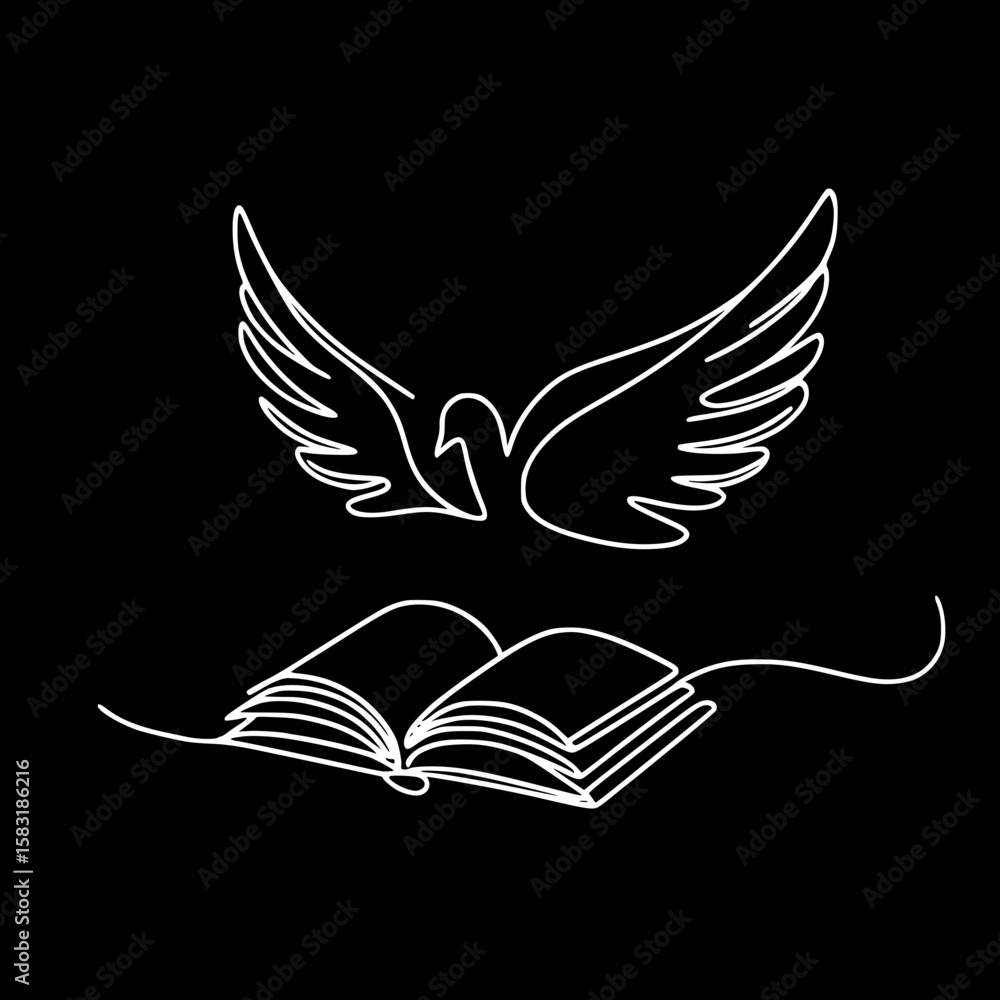 Aufkleber Swan with wings above an open book in single line outline vector  