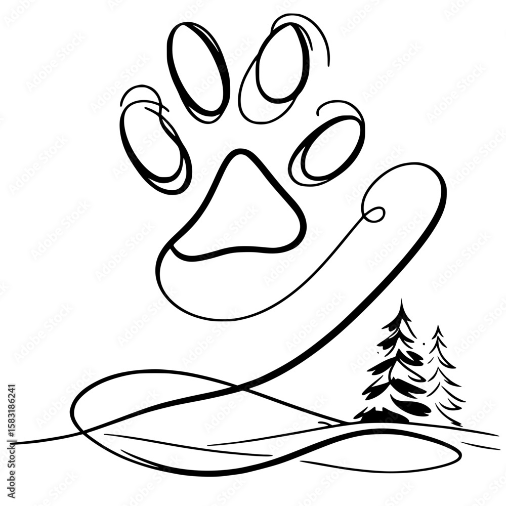 Poster paw print design in single line outline vector style with trees