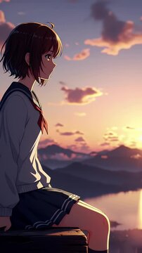 Anime Style Girl in School Uniform Contemplates Sunset Scenery with Mountains Water and Cloudy Sky
