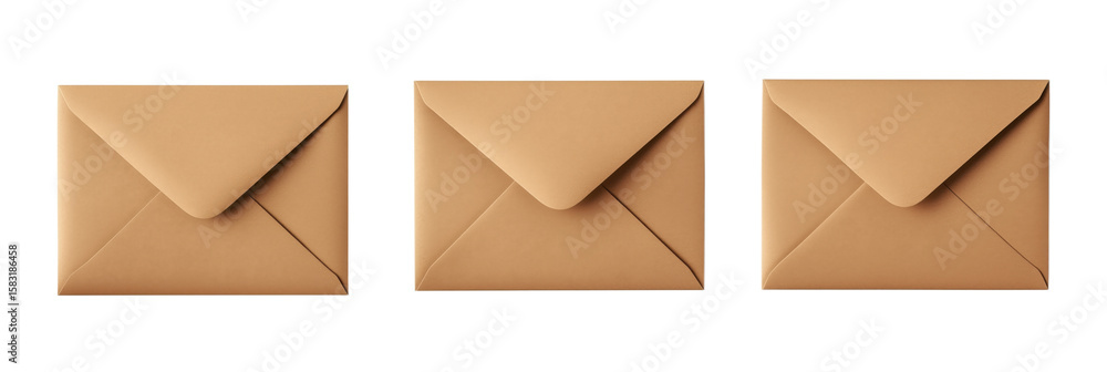 Poster brown envelopes arranged in a row on a white background for mailing or stationery use, isolated on t