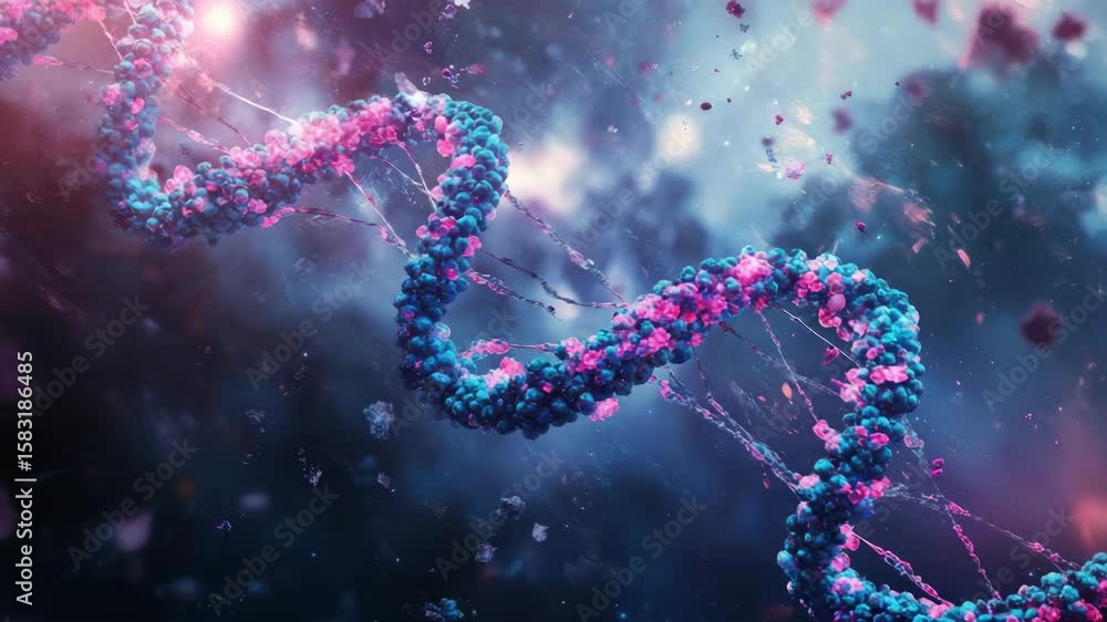 Poster blue and pink dna double helix strand on a dark background with small molecule fragments floating ar