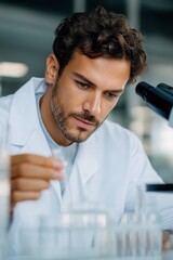 Obraz premium Young caucasian male scientist conducting experiments in laboratory