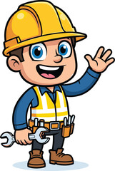 Cartoon construction worker, character illustration, safety vest, hard hat, blue shirt, tool belt, wrench pose, friendly smile, vector art, labor theme