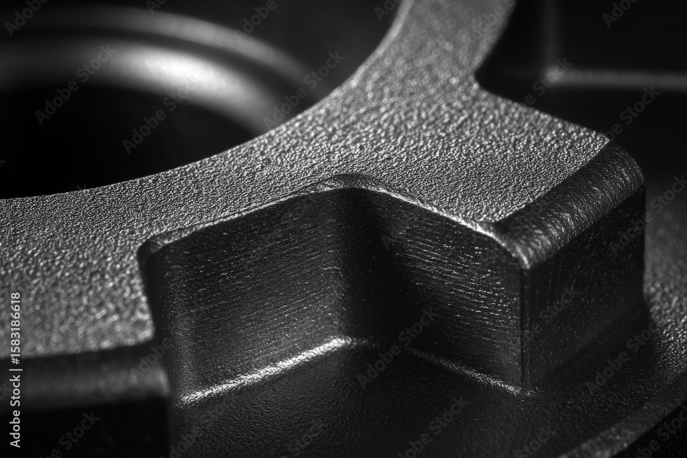 Poster close-up view of a black metallic part showcasing fine details of texture and shape in an industrial