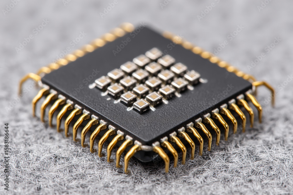 Poster close-up view of a microchip with golden pins on a textured gray surface during a bright indoor setu