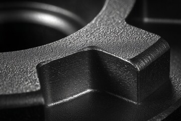 Close-up view of a black metallic part showcasing fine details of texture and shape in an industrial setting