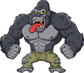 Cartoon muscular gorilla in powerful stance, fierce expression with clenched fists and torn pants, vector artwork, stock illustration character design