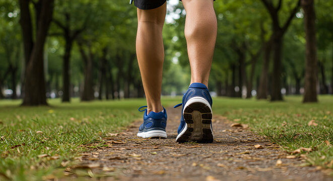 Healthy Lifestyle: Person Walking or Running on Park Path. Focus on Legs and Sneakers - Powered by Adobe