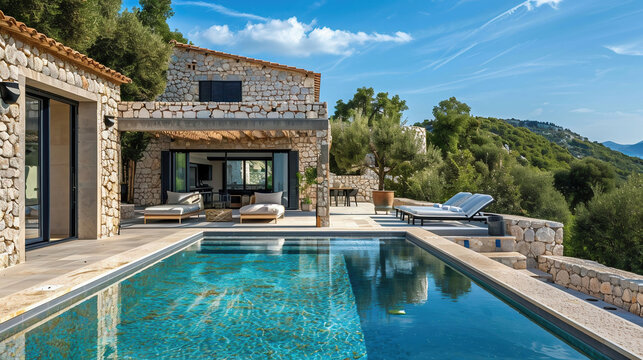 Luxurious stone villa with a stunning pool overlooking a beautiful landscape
