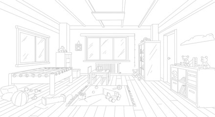 Modern Line Art Vector Illustration of Kids Game Room with Sport Equipment & Toys