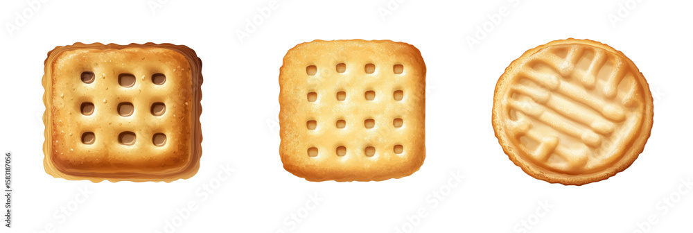 Poster assorted biscuit types including square and round shapes with unique textures, isolated on transpare