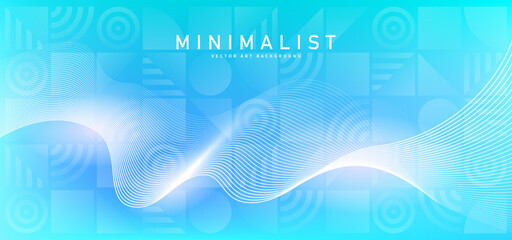 Abstract blue gradient vector background with shining lines waves and geometric Bauhaus pattern. Minimalist modern creative illustration for banner, cards, poster, cover, flyer, social media, ads