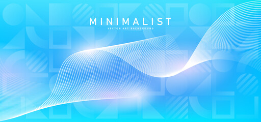 Abstract blue gradient vector background with shining lines waves and geometric Bauhaus pattern. Minimalist modern creative illustration for banner, cards, poster, cover, flyer, social media, ads