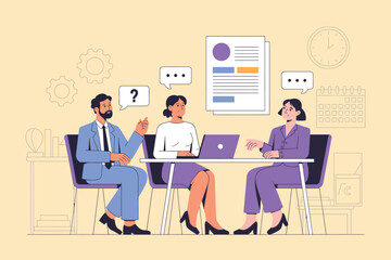 Business Job Interview Concept – Vector Cartoon Illustration of Two Interviewers Asking Questions to Young Woman at Table with Laptop – Professional Workplace Scene Isolated Background


