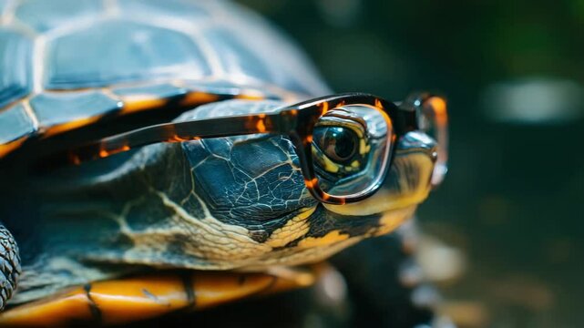 Close up view of a turtle's face featuring brown tortoise shell glasses focused on the animal's eyes and head details