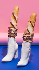 Two baguettes inside white high heel boots styled with crumpled paper on blue and pink background. Concept of fashion parody, food styling, advertising, humor, pop art product design.