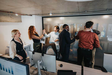 A group of business professionals collaborate in a rustic modern office space, exchanging ideas and...