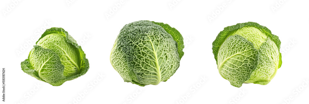 Poster fresh green cabbage heads displayed in a row showcasing texture and color variations, isolated on tr