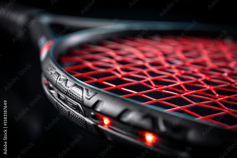 Aufkleber close-up of a modern tennis racket showcasing a vibrant red string pattern against a dark backdrop