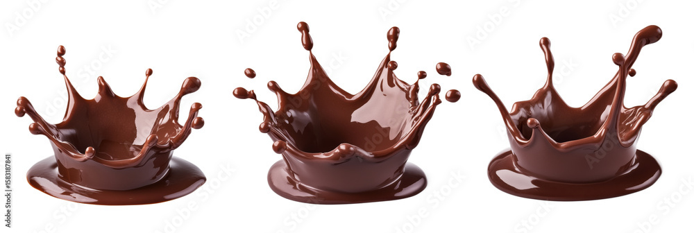 Poster chocolate splash in three stages showcasing dynamic movement and texture, isolated on transparent ba