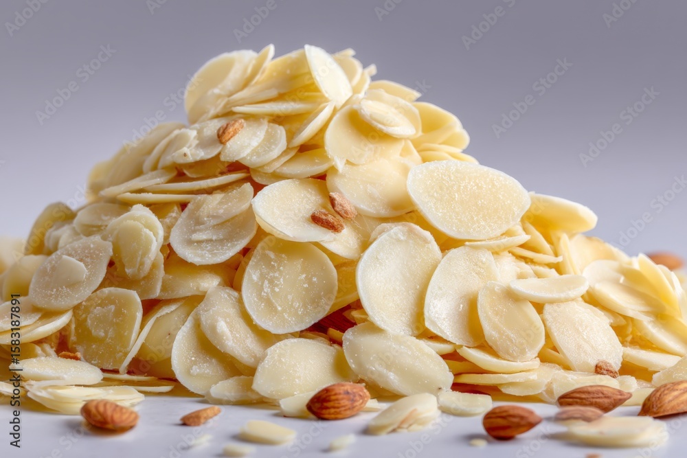 Poster close-up view of finely sliced almonds piled on a light background showcasing their texture and colo