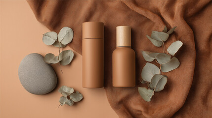 Minimalist skincare bottles with matte brown finish placed on earthy fabric alongside smooth stone and dried eucalyptus leaves, creating calm and natural product layout