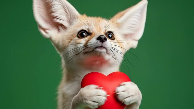Cute Fennec Fox Holding Red Heart Isolated on Green Screen